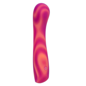 Pink and orange swirl silicone vibrator with power button, adult wellness toy