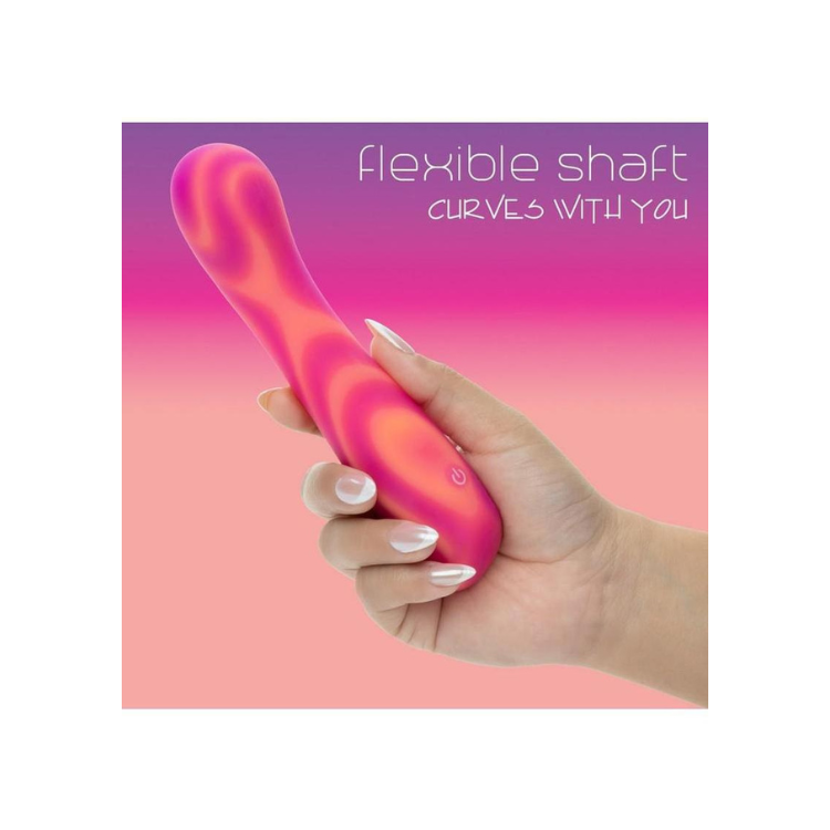 Pink flexible shaft vibrator held in hand, curves with you for intimate pleasure
