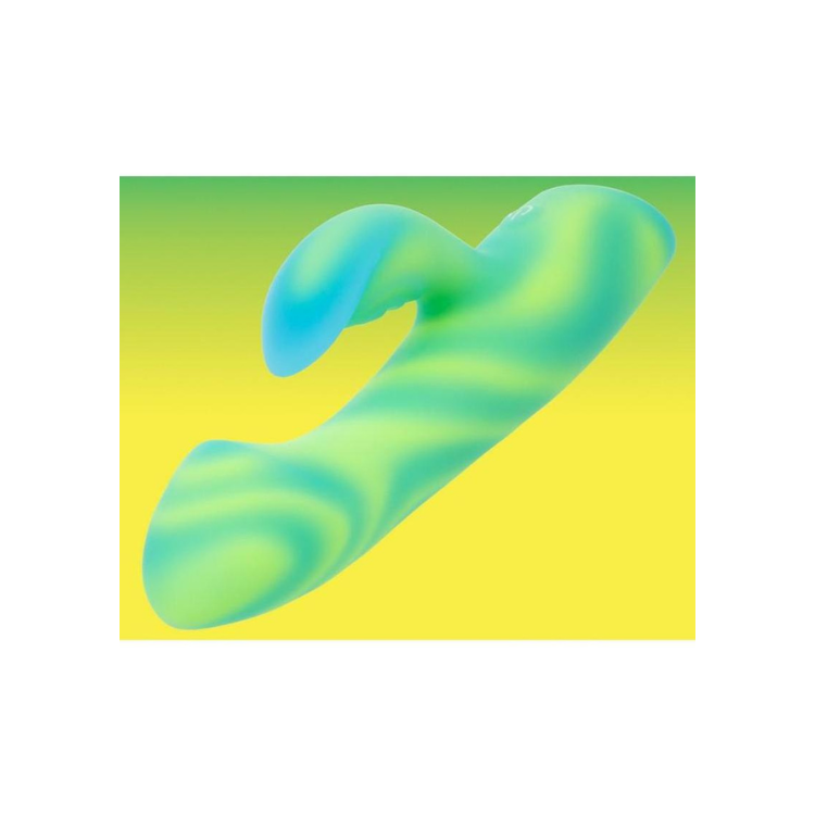 Curved dual-stimulating adult toy in gradient green and blue, designed for intimate pleasure and wellness.
