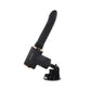 Evolved Black silicone thrusting vibrator with suction cup on white background