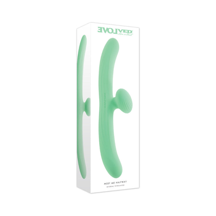 Light green Meet Me Halfway internal stimulator in white packaging.