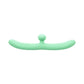 Mint green silicone curved pleasure toy with a central nub on a white background