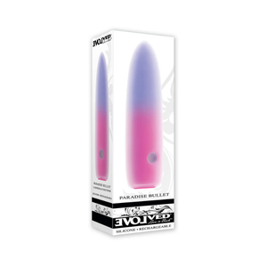 Rechargeable silicone bullet vibrator in pink and purple gradient packaging