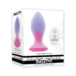Rechargeable silicone vibrating plug with remote control in gradient pink and purple, boxed.