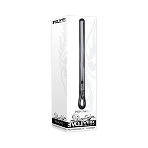 Evolved Pen Pal rechargeable metal pen-shaped massager in chrome box, House of Vices wellness store.