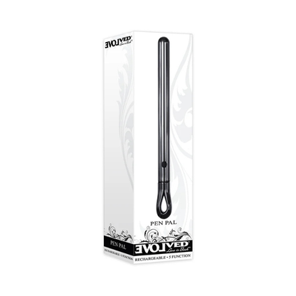 Evolved Pen Pal rechargeable metal pen-shaped massager in chrome box, House of Vices wellness store.