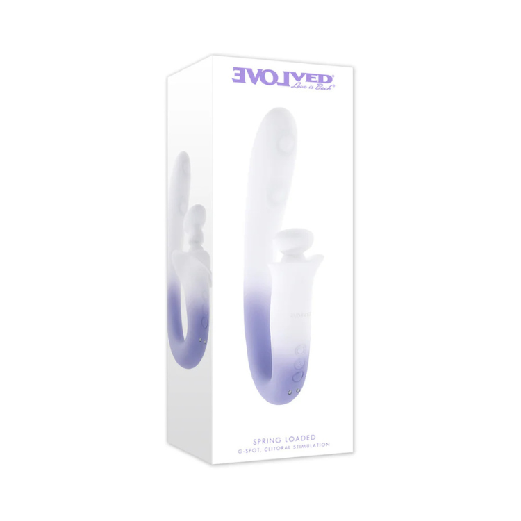 Evolved Spring Loaded lilac toy in branded box, House of Vices premium wellness product