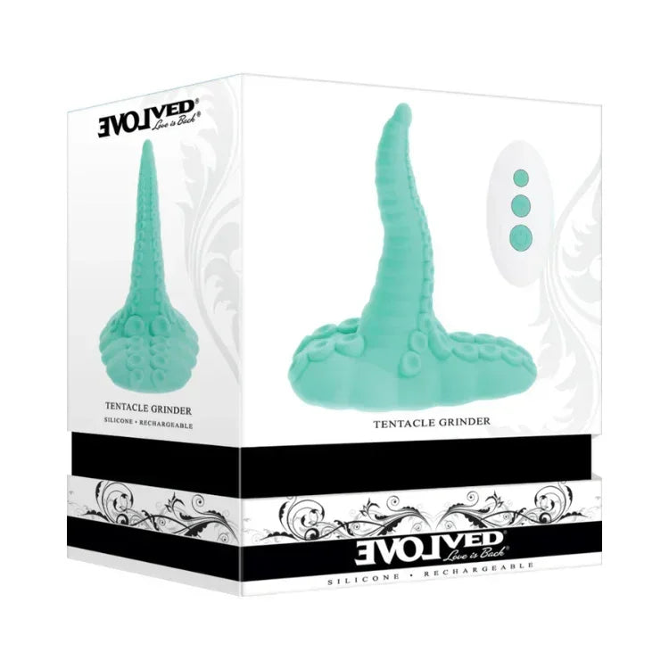 Evolved Tentacle Grinder teal silicone rechargeable vibrating grinder in retail packaging