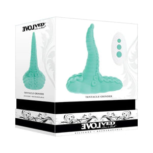 Evolved Tentacle Grinder teal silicone rechargeable vibrating grinder in retail packaging