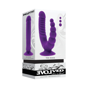 Evolved The Rider rechargeable double silicone wellness massager in purple, boxed, House of Vices
