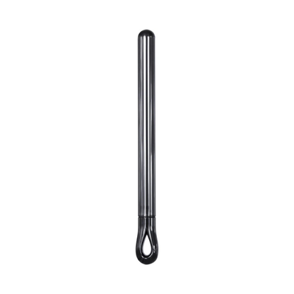 Chrome rechargeable metal pen-shaped wellness device on a white background