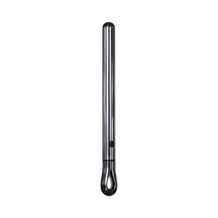 Sleek chrome rechargeable metal pen vibrator from House of Vices on white background