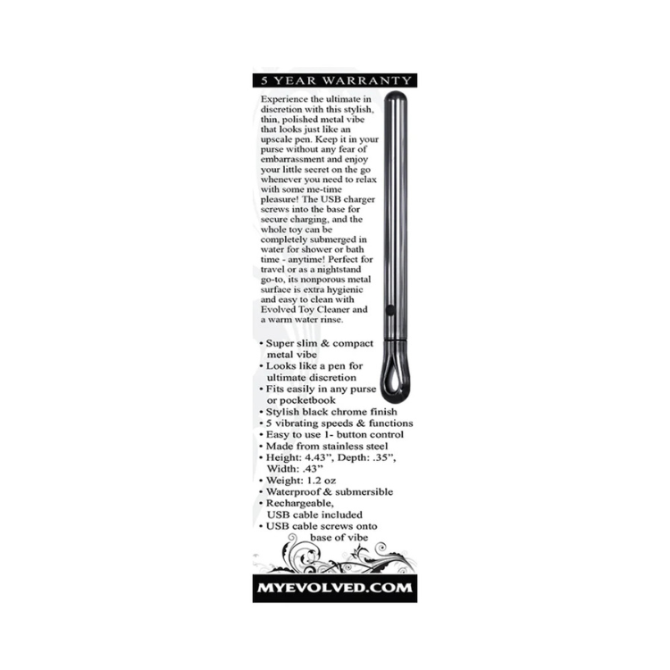 Sleek rechargeable metal pen-shaped wellness device with black chrome finish, House of Vices