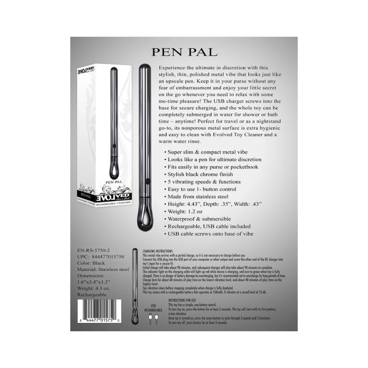 Slim rechargeable metal pen-shaped personal massager in chrome finish, product details shown