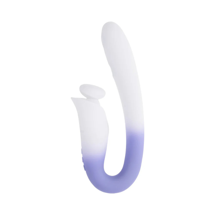 Spring-loaded lilac silicone wellness toy with curved design on white background, House of Vices