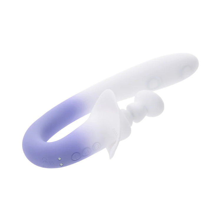 Evolved Spring Loaded Lilac silicone wellness massager with ergonomic handle on white background