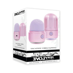 Evolved Vacation Vibes Tapping silicone rechargeable massager in pink and purple box