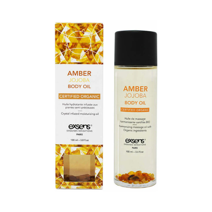 Exsens Amber Jojoba Body Oil 3.4oz bottle and box, certified organic, House of Vices wellness product
