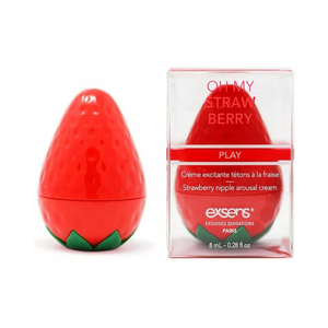 Strawberry-shaped arousal cream container with product packaging, 8ml size.