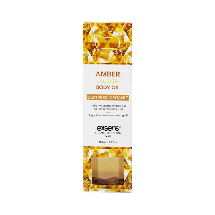 Exsens Amber Jojoba Body Oil organic crystal-infused 3.4 oz box at House of Vices