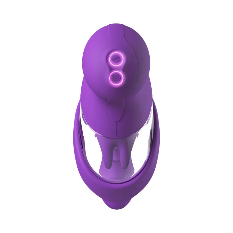 Purple female pleasure toy with dual stimulation and glowing ring indicators