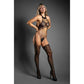 Woman modeling Fantasy Lingerie sheer black lace crotchless strappy teddy bodystocking with thigh-highs