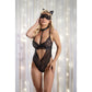 Woman modeling Fantasy Lingerie Play Feral For You Cat Costume Set in black lace lingerie with cat ears and mask