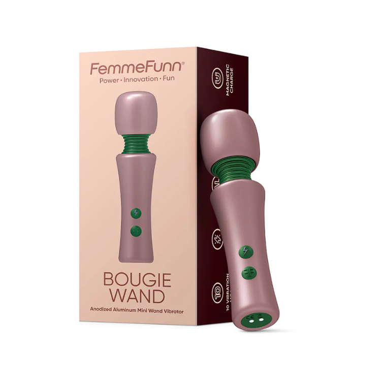 Rose gold FemmeFunn Bougie Wand mini massager with box, House of Vices wellness store