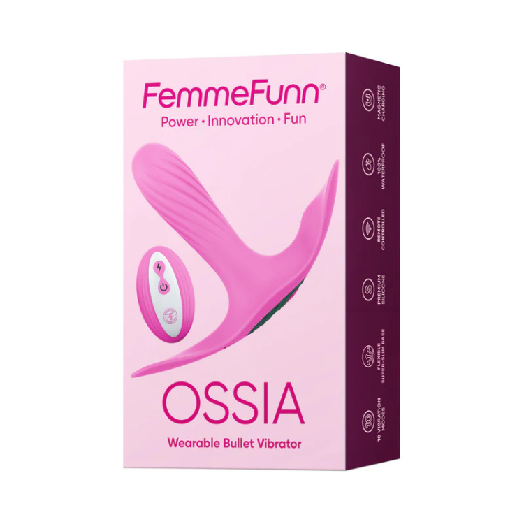 FemmeFunn Ossia pink wearable bullet vibrator product box, House of Vices wellness store