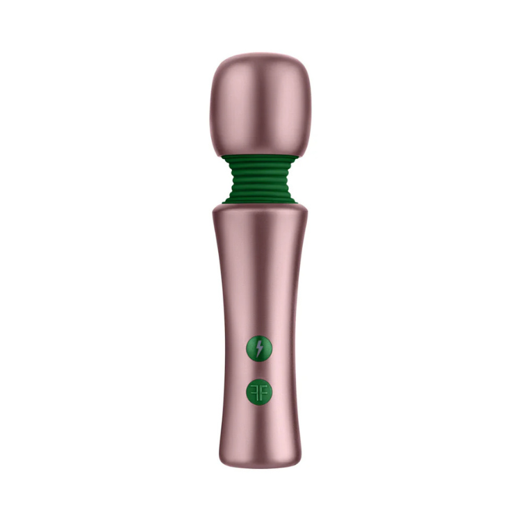 Rose gold FemmeFunn Bougie Wand personal massager with green accents, House of Vices wellness