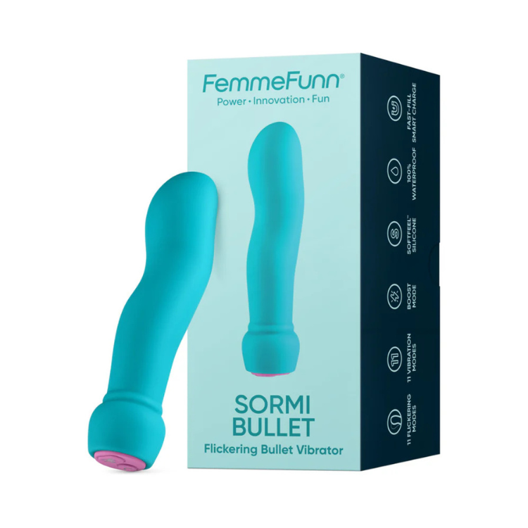 Teal FemmeFunn Sormi Bullet personal wellness massager with packaging, House of Vices