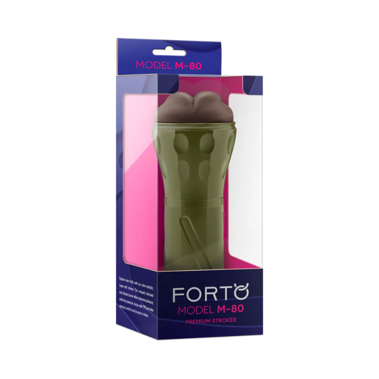 Forto Model M-80 premium stroker in olive green, displayed in retail packaging