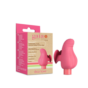 Gaia Eco Love coral bullet massager and sleeve in front of eco-friendly packaging, House of Vices