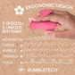 Hand holding a pink ergonomic wellness device with 5 speeds and rhythms, House of Vices