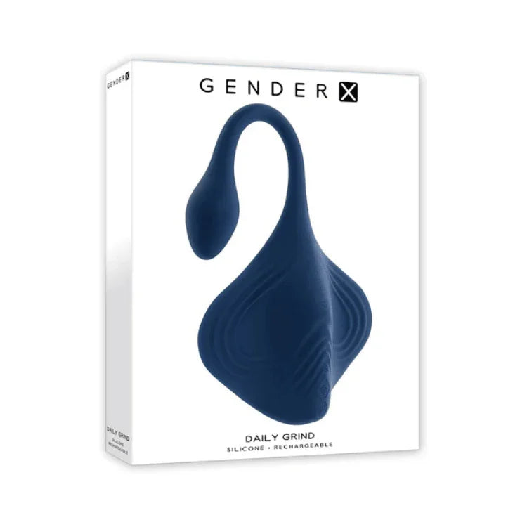 Gender X Daily Grind silicone rechargeable massager in blue on retail box.