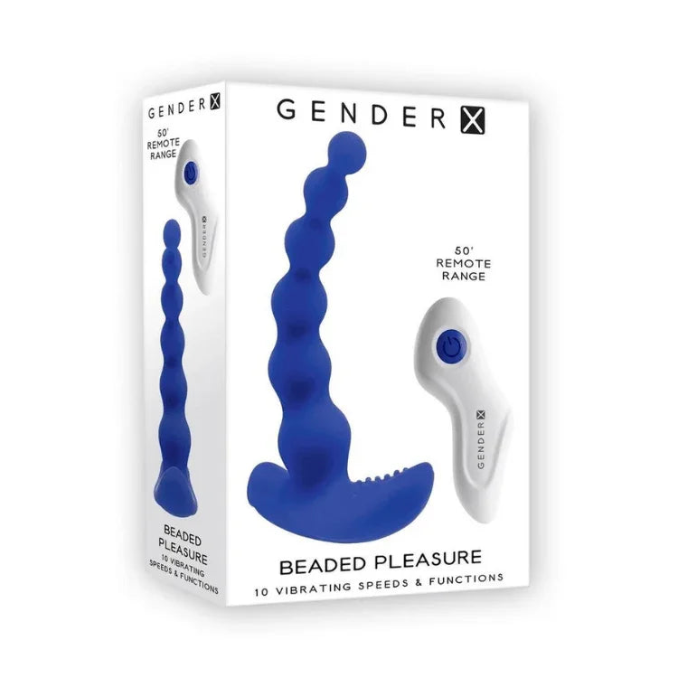 Gender X Beaded Pleasure anal beads with blue silicone design and remote on product box