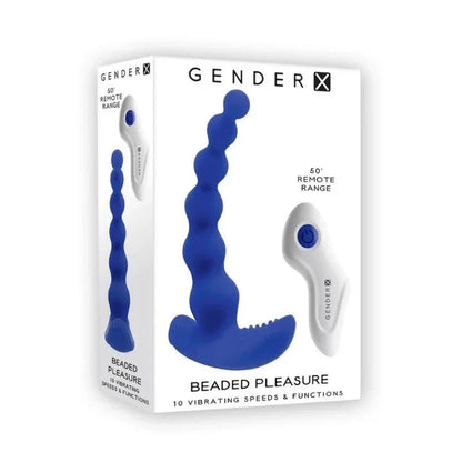 Gender X Beaded Pleasure anal beads with blue silicone design and remote on product box
