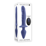 Gender X Purple silicone dual vibrator probe with remote control, Gender X Dual Defender packaging