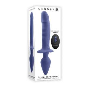 Gender X Purple silicone dual vibrator probe with remote control, Gender X Dual Defender packaging