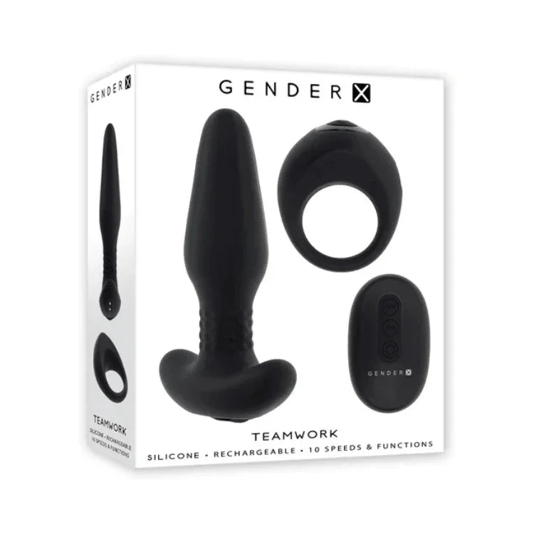 Gender X Teamwork black silicone vibrating plug set with remote in retail packaging