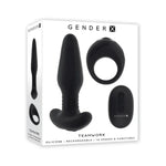 Gender X Teamwork black silicone vibrating plug set with remote in retail packaging