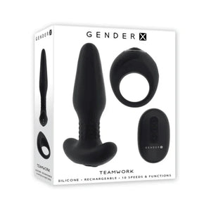 Gender X Teamwork black silicone vibrating plug set with remote in retail packaging