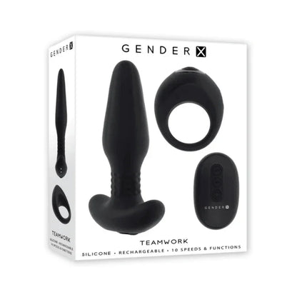 Gender X Teamwork black silicone vibrating plug set with remote in retail packaging