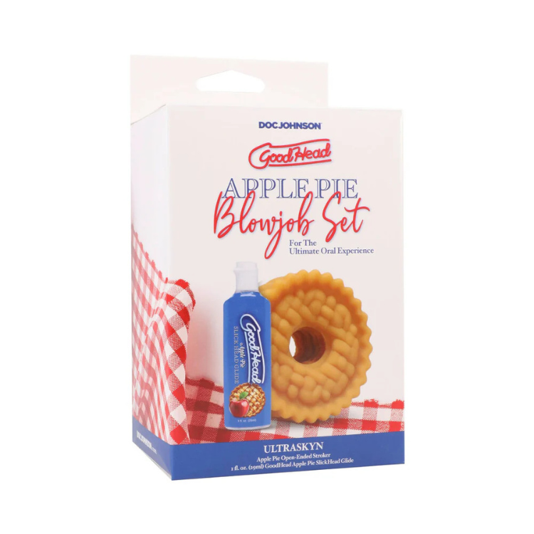 GoodHead Apple Pie Blowjob Set packaging with apple pie-shaped stroker and blue lubricant bottle