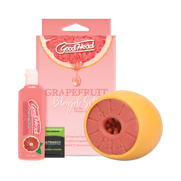 GoodHead Grapefruit play set with pink lubricant, yellow sleeve, and packaging, House of Vices wellness essentials