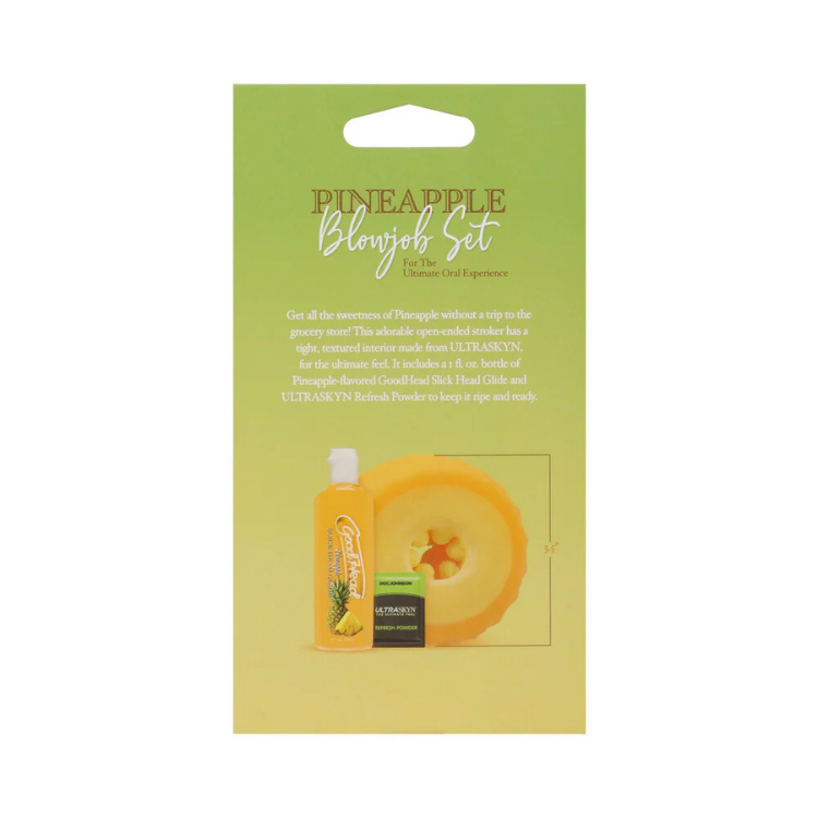 Pineapple Blowjob Set packaging showing textured stroker, pineapple-flavored glide, and ULTRASKYN refresh powder