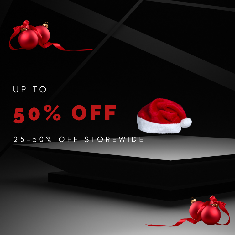 Holiday sale banner with red Santa hat, red Christmas ornaments, and up to 50% off storewide