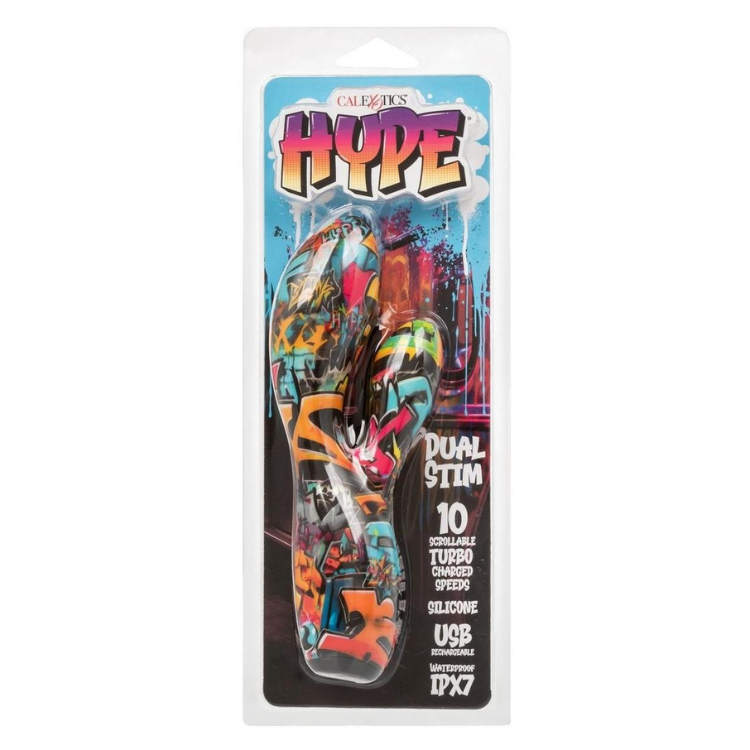 Calextics Hype dual stim toy with graffiti design, 10 turbo speeds, silicone, USB rechargeable, waterproof