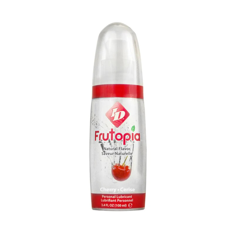 ID Frutopia cherry flavored personal lubricant bottle, 3.4 fl oz, clear packaging.