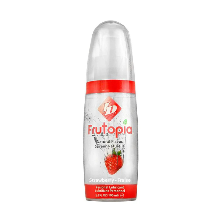Strawberry flavored personal lubricant bottle, clear with red accents and strawberry graphic.